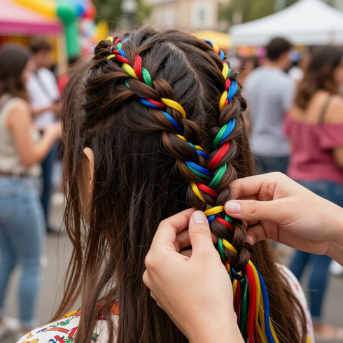 Una persona se trenza el pelo con cintas de colores en un espacio público al aire libre.