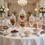 Un bufé de dulces con una variedad de golosinas en frascos de vidrio y pequeños cuencos sobre una mesa.