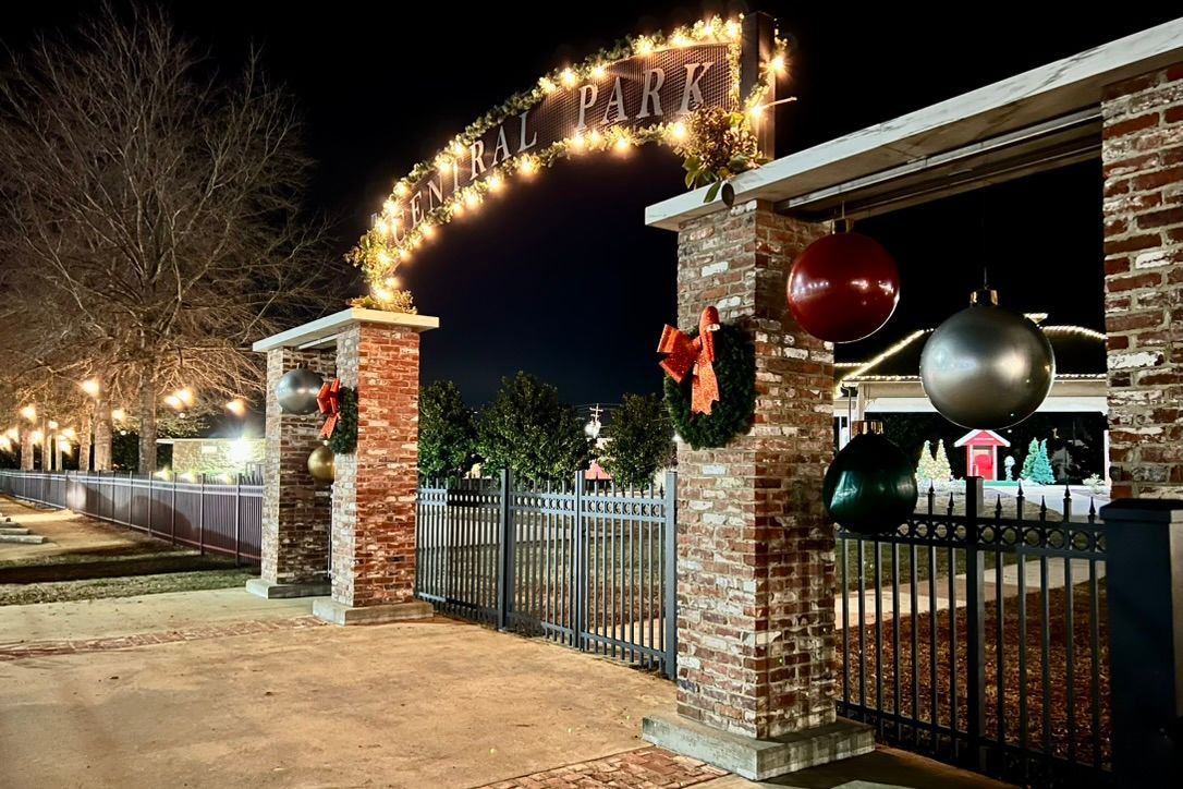 The entrance to a park is decorated with christmas decorations and lights at night.