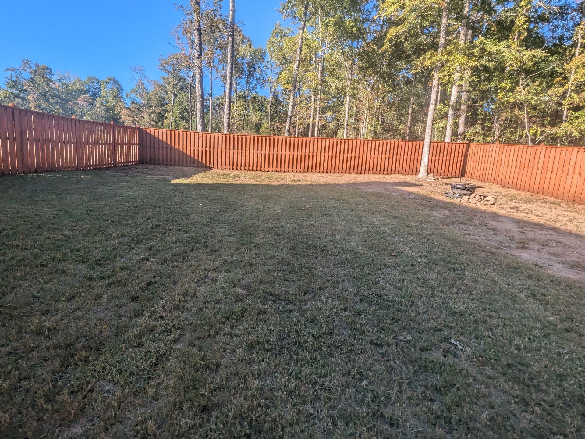 A backyard with a wooden fence and trees in the background.