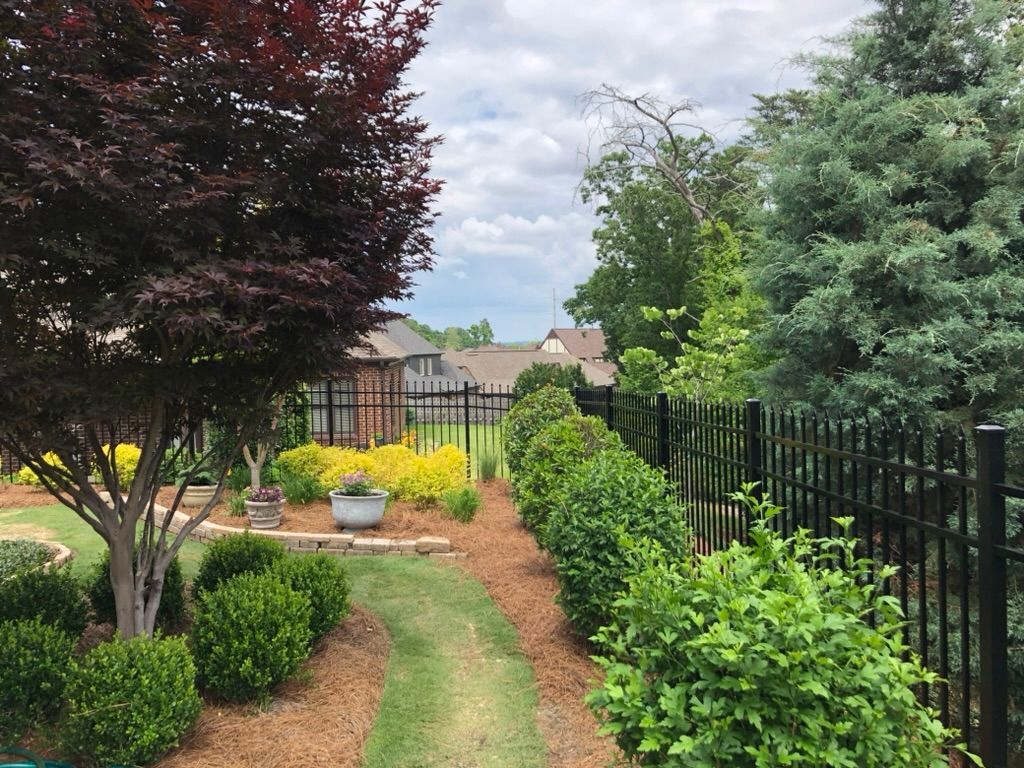 A path surrounded by trees and bushes leading to a house.