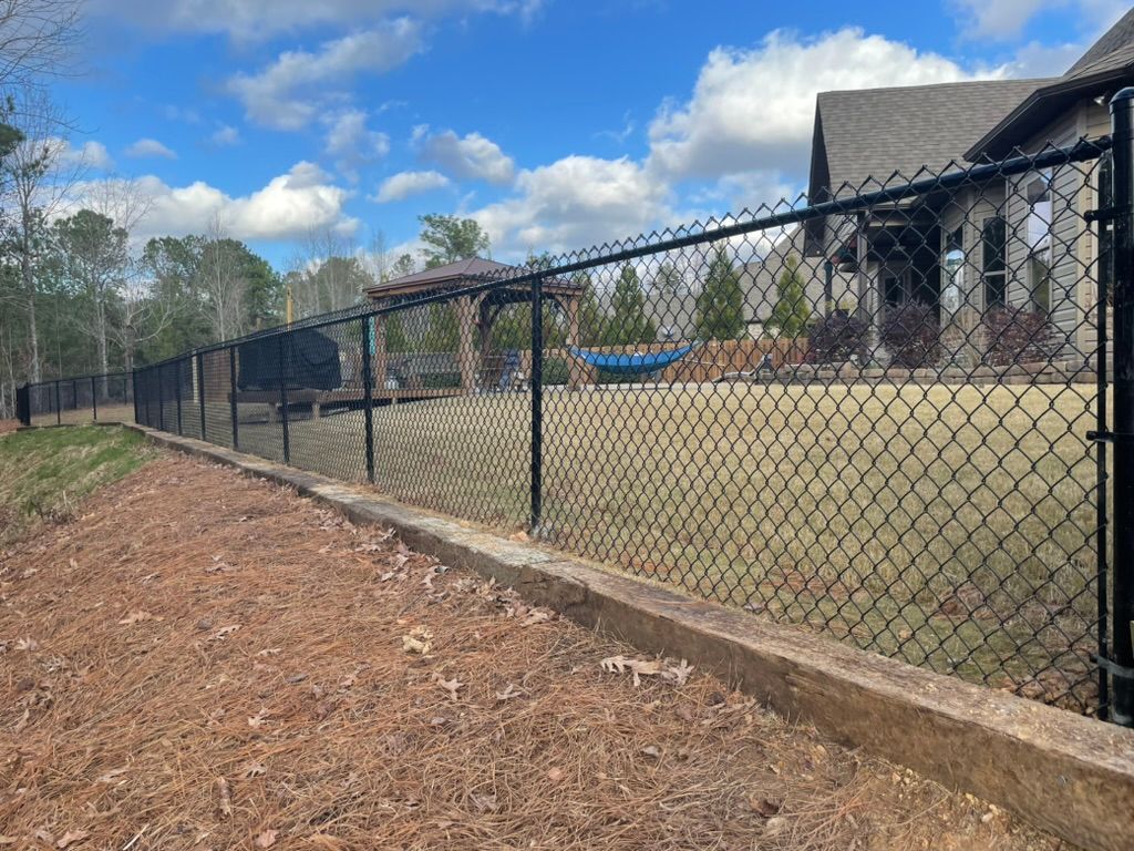 A chain link fence surrounds a large yard with a house in the background.