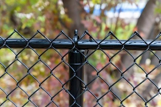 A close up of a chain link fence with trees in the background.