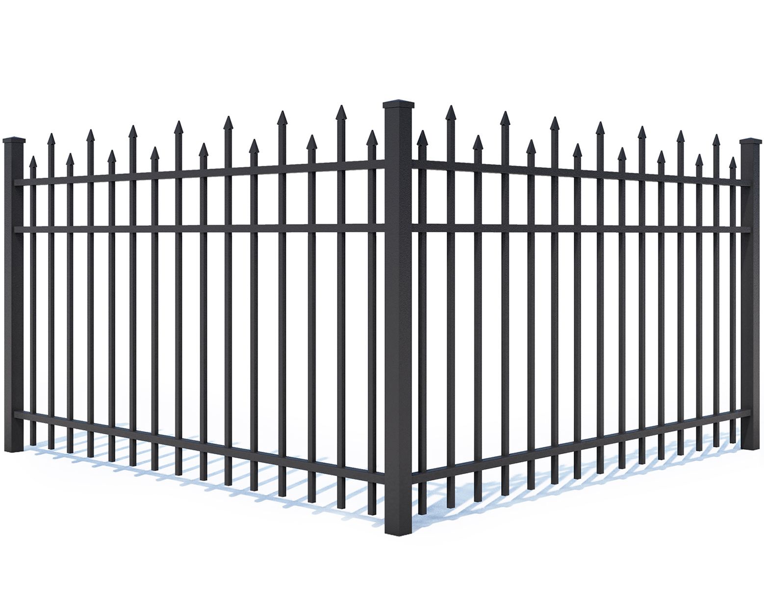 A 3d model of a black wrought iron fence on a white background.