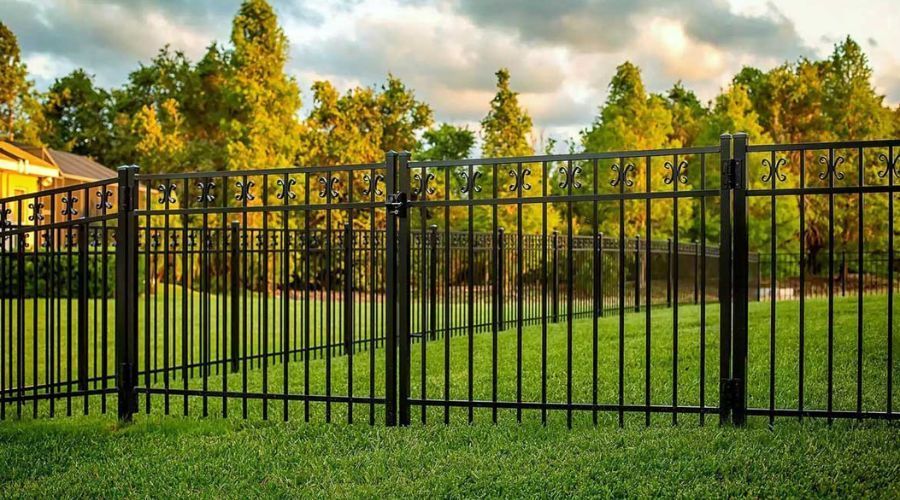 Wrought-iron style black aluminum perimeter fence enclosing a grassy backyard.