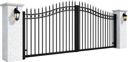 Black metal gate with stone pillars.
