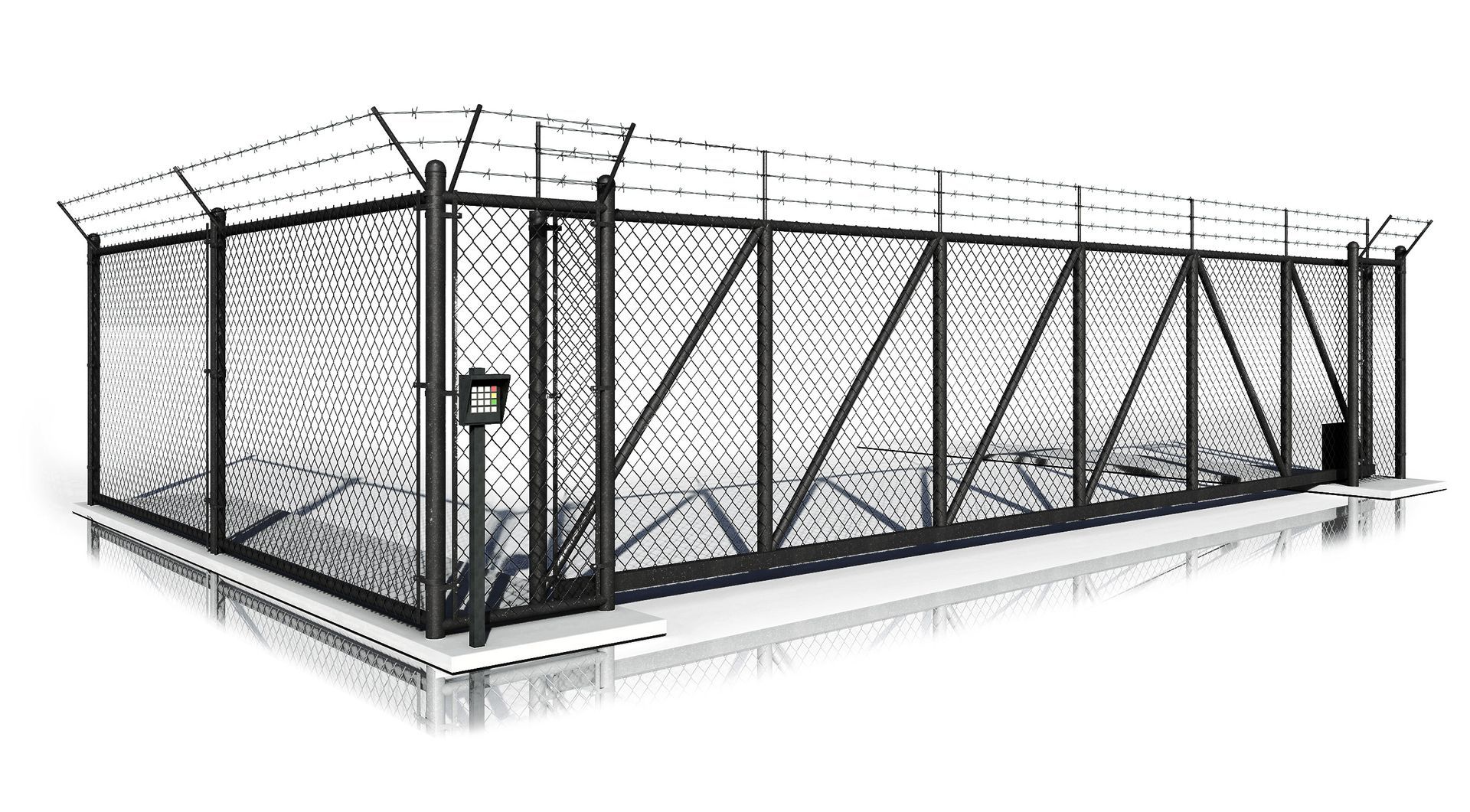 A drawing of a chain link fence with a gate on a white background.