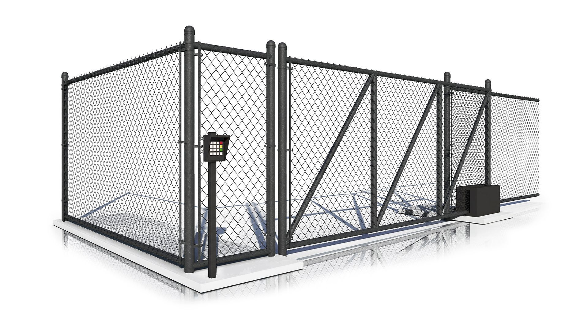 A chain link fence with a gate on a white background.