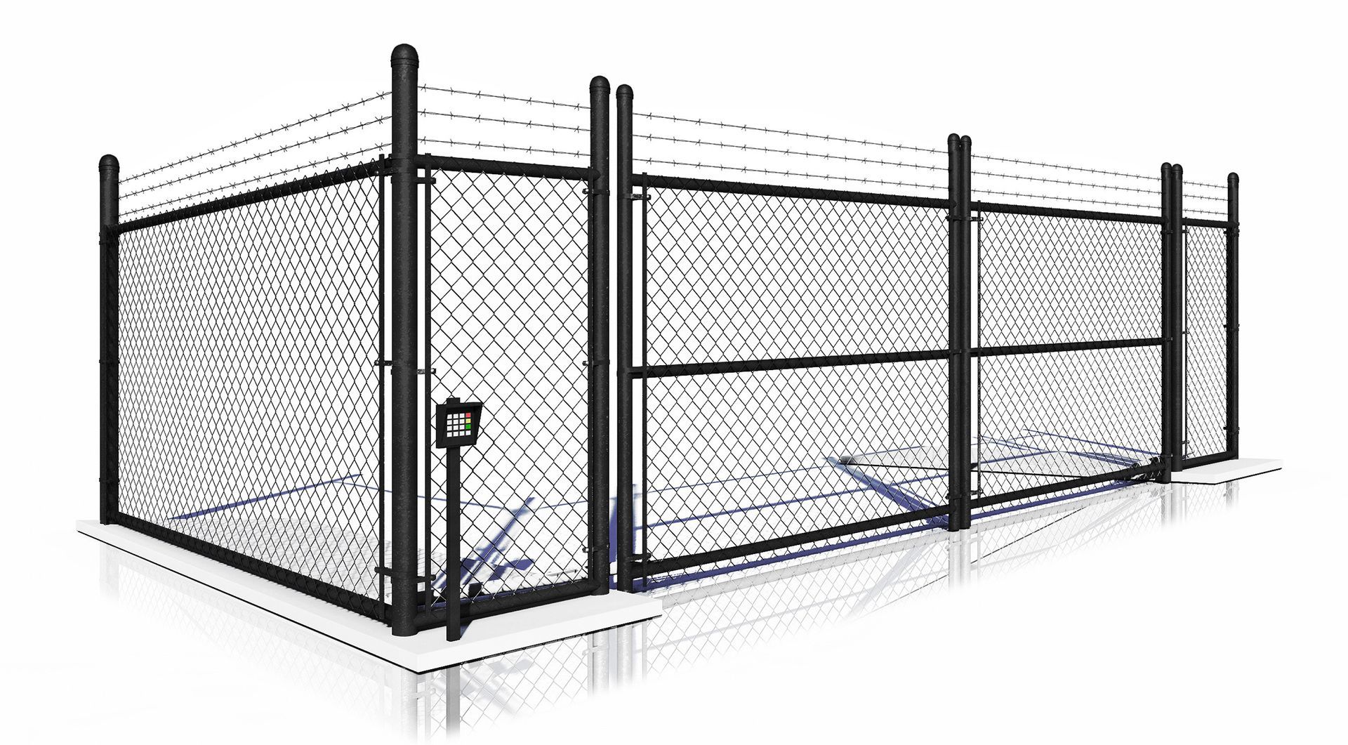 A black metal fence with a sliding gate on a white background.