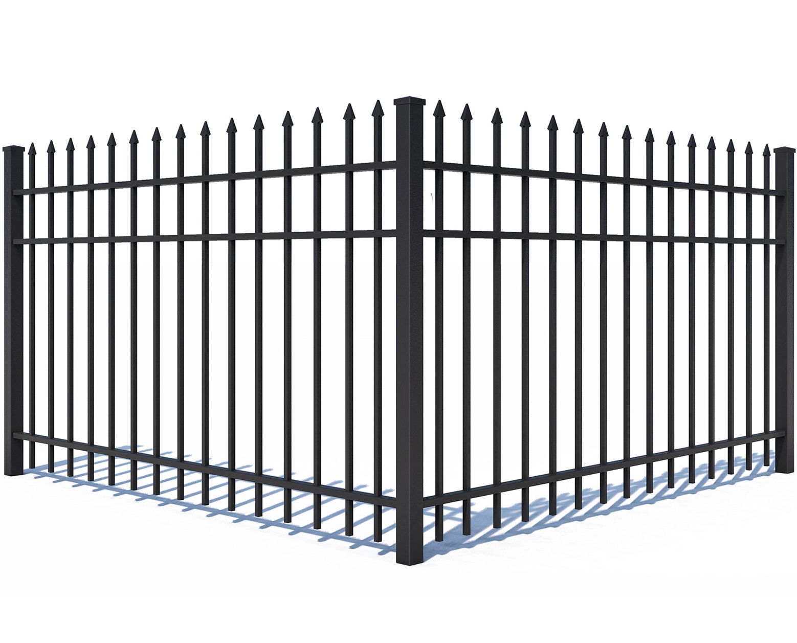 A 3d model of a black wrought iron fence on a white background.