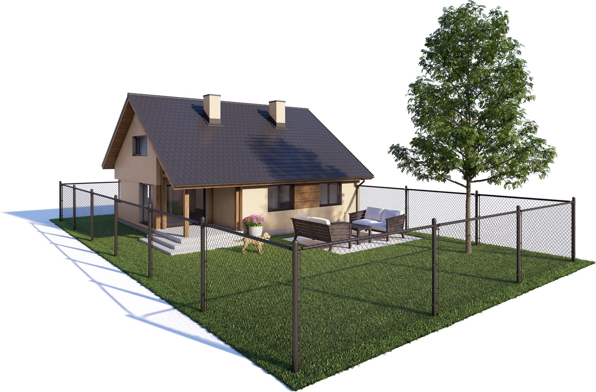 A 3d model of a house with a chain link fence around it