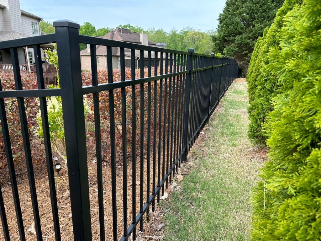 A black metal fence surrounds a lush green yard.