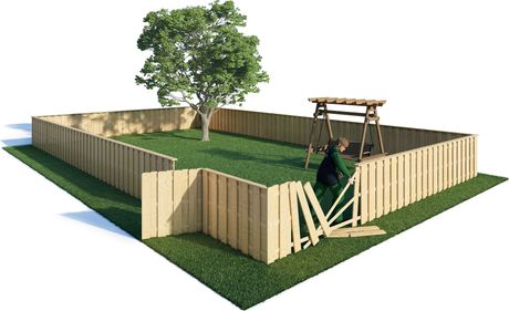 A wooden fence surrounds a grassy area with a swing and a tree.