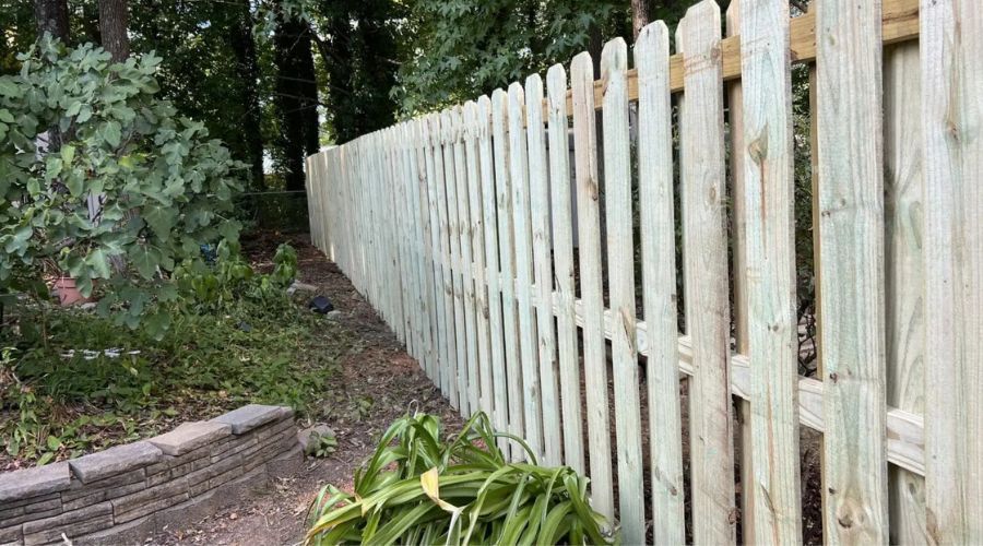 Wooden spaced picket fence with dog-ear tops along a residential garden border.