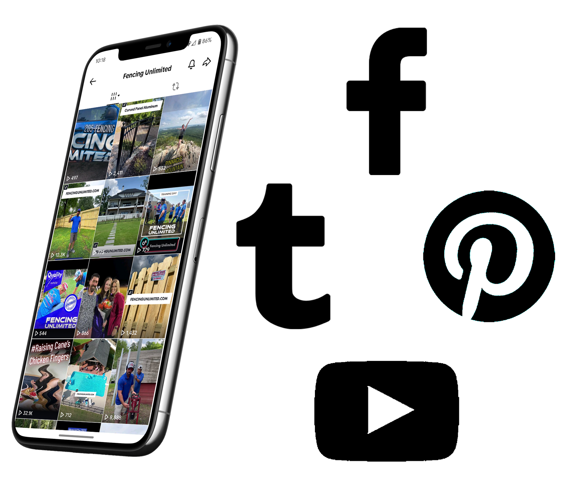 Smartphone displaying a social media feed next to Facebook, Twitter, Pinterest, and YouTube icons.