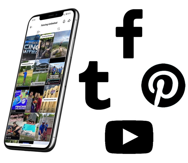 Smartphone displaying a social media feed next to Facebook, Twitter, Pinterest, and YouTube icons.