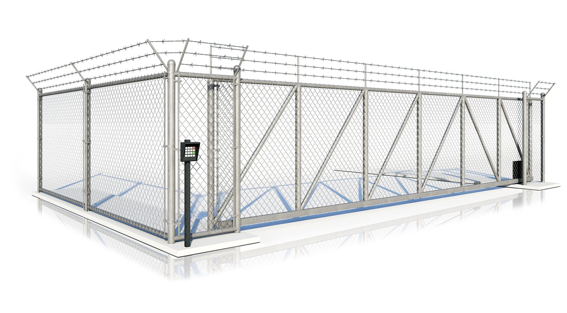 A chain link fence with a sliding gate on a white background.