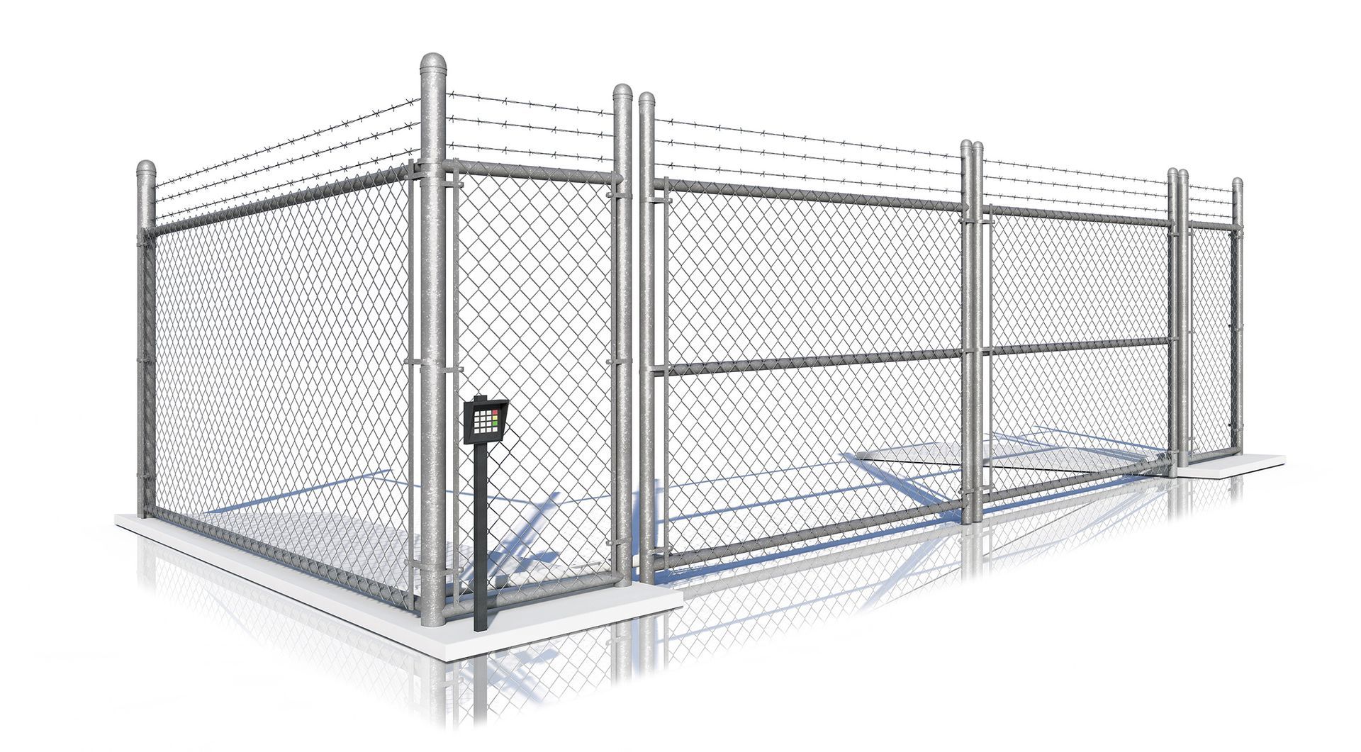 A chain link fence with a gate on a white background.