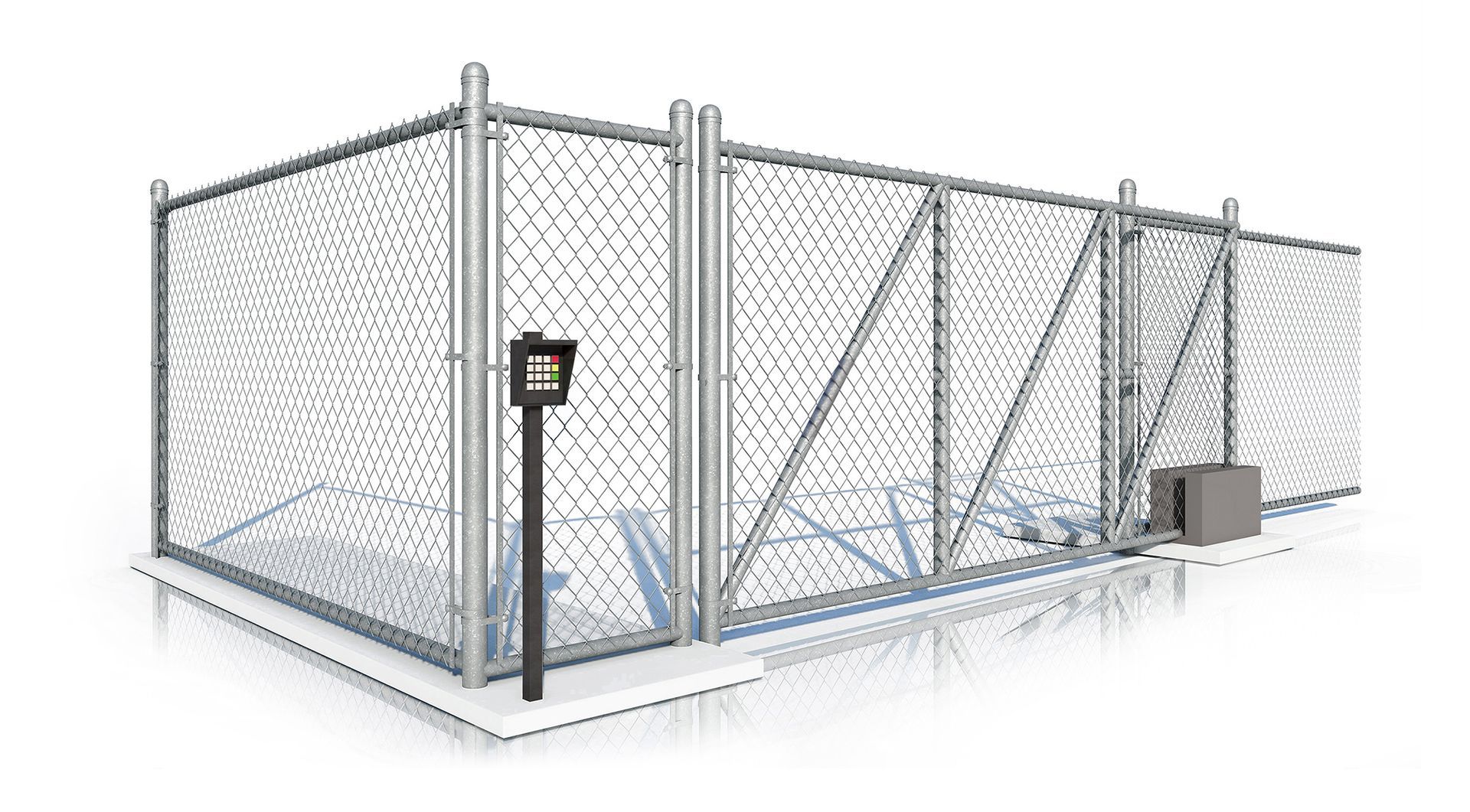 A chain link fence with a gate on a white background.