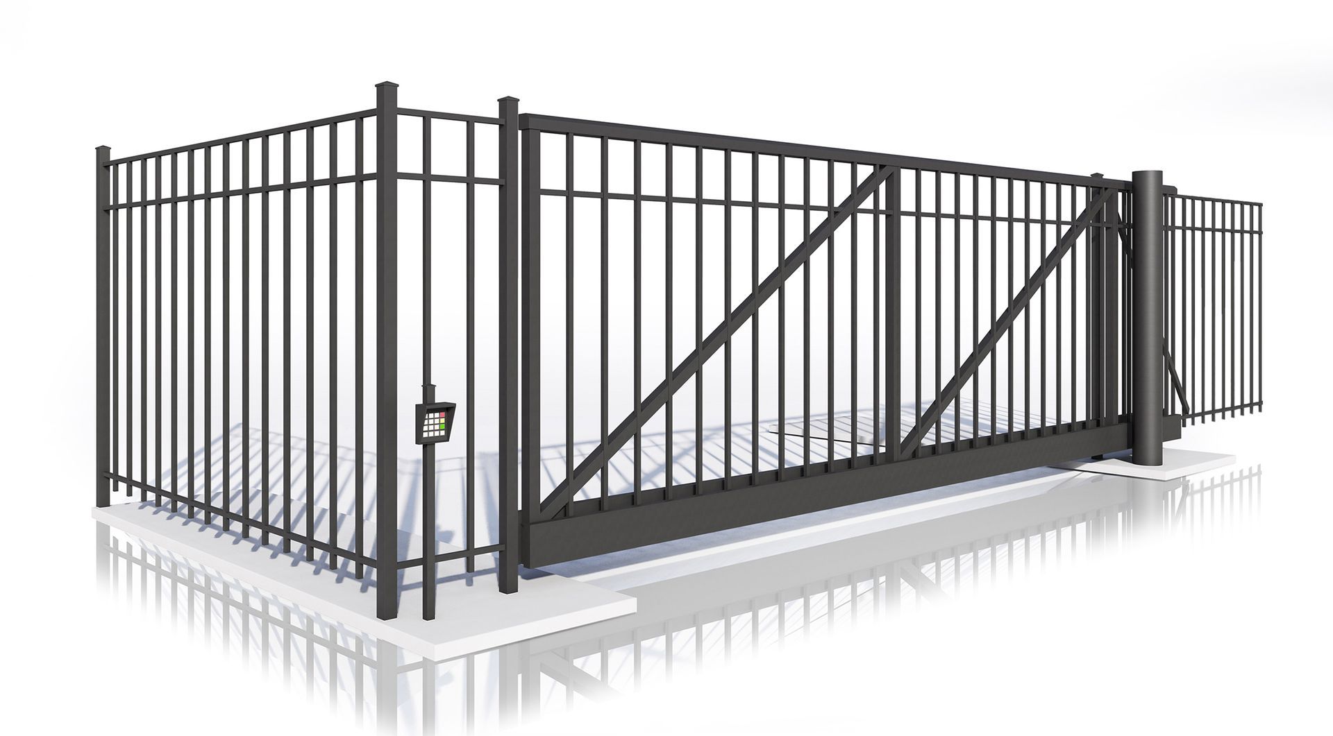 A black metal fence with a sliding gate on a white background.