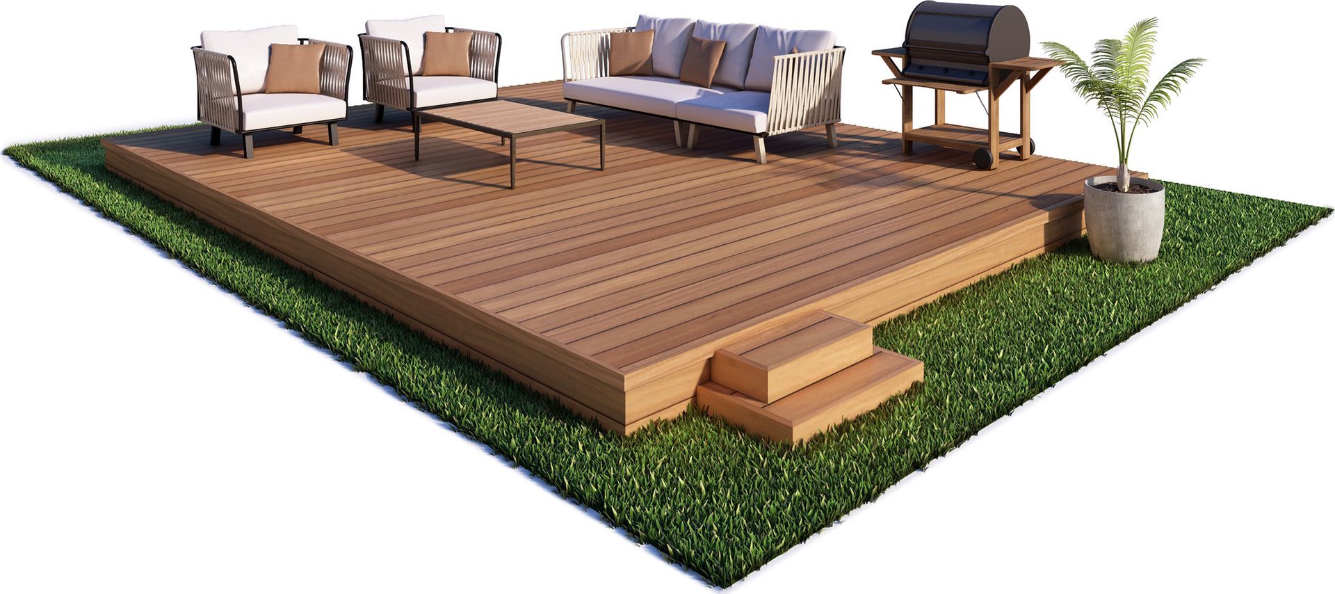 A wooden deck with a couch , chairs , tables and a grill.