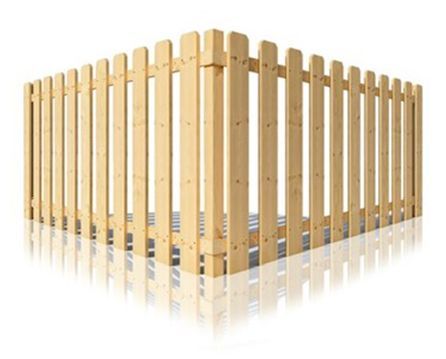 A wooden fence is reflected in a mirror on a white background.