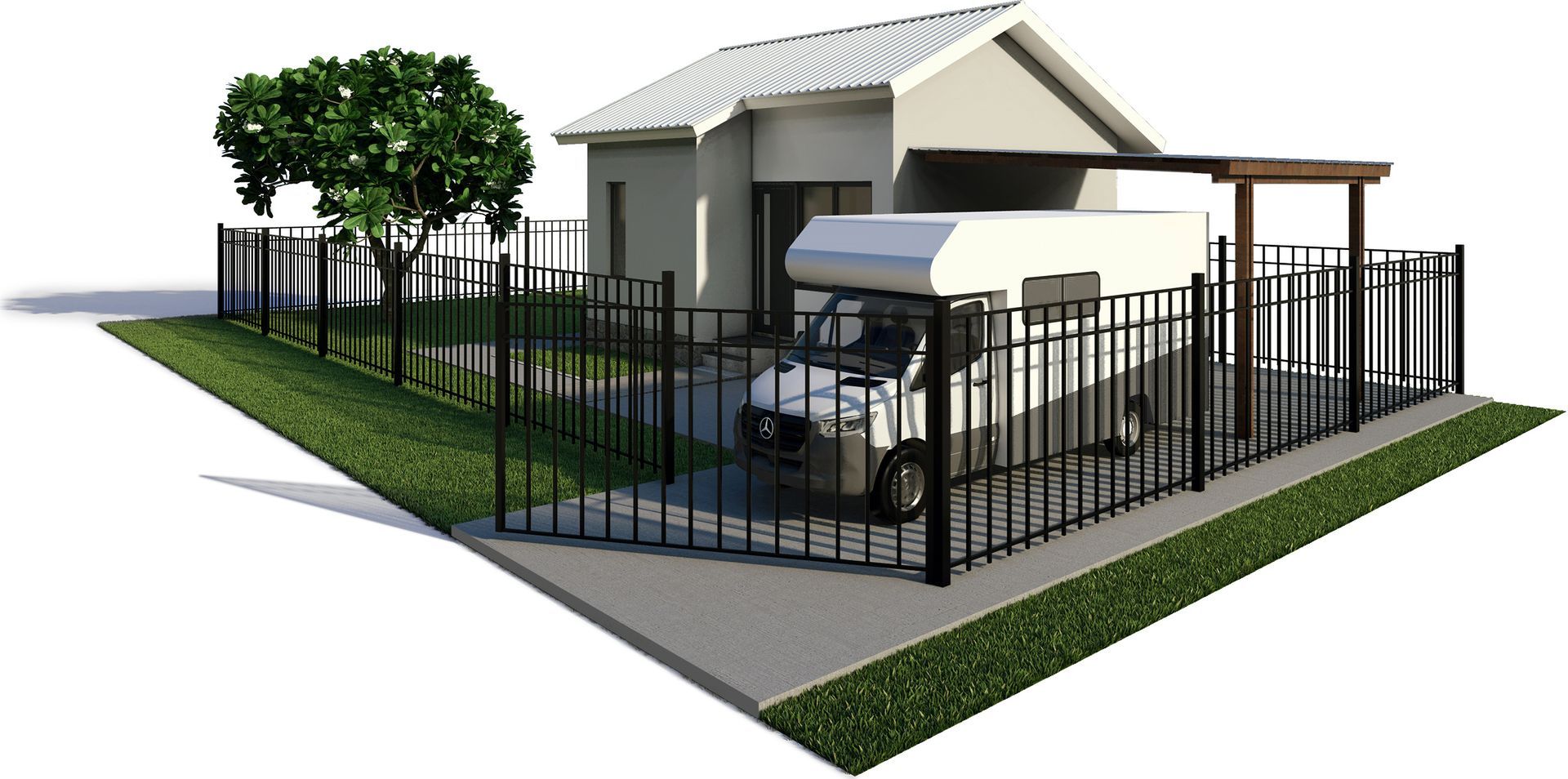 A house with a fence around it and a car parked in front of it.