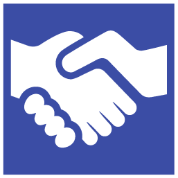 A blue and white icon of two hands shaking