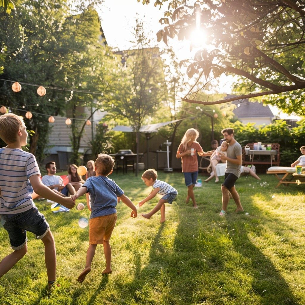 A group of people are playing a game in a backyard.