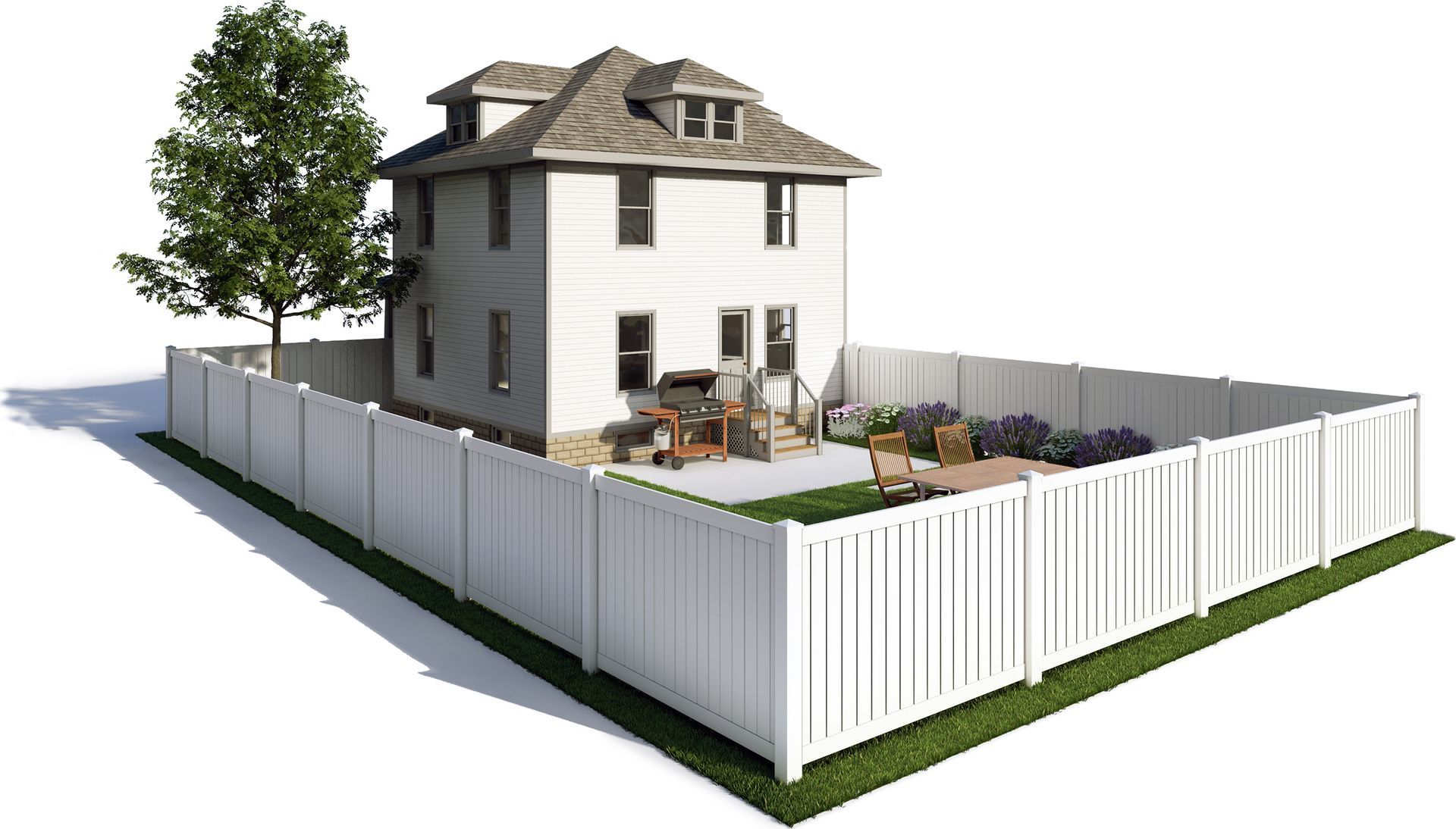 A 3d model of a house with a white fence around it.