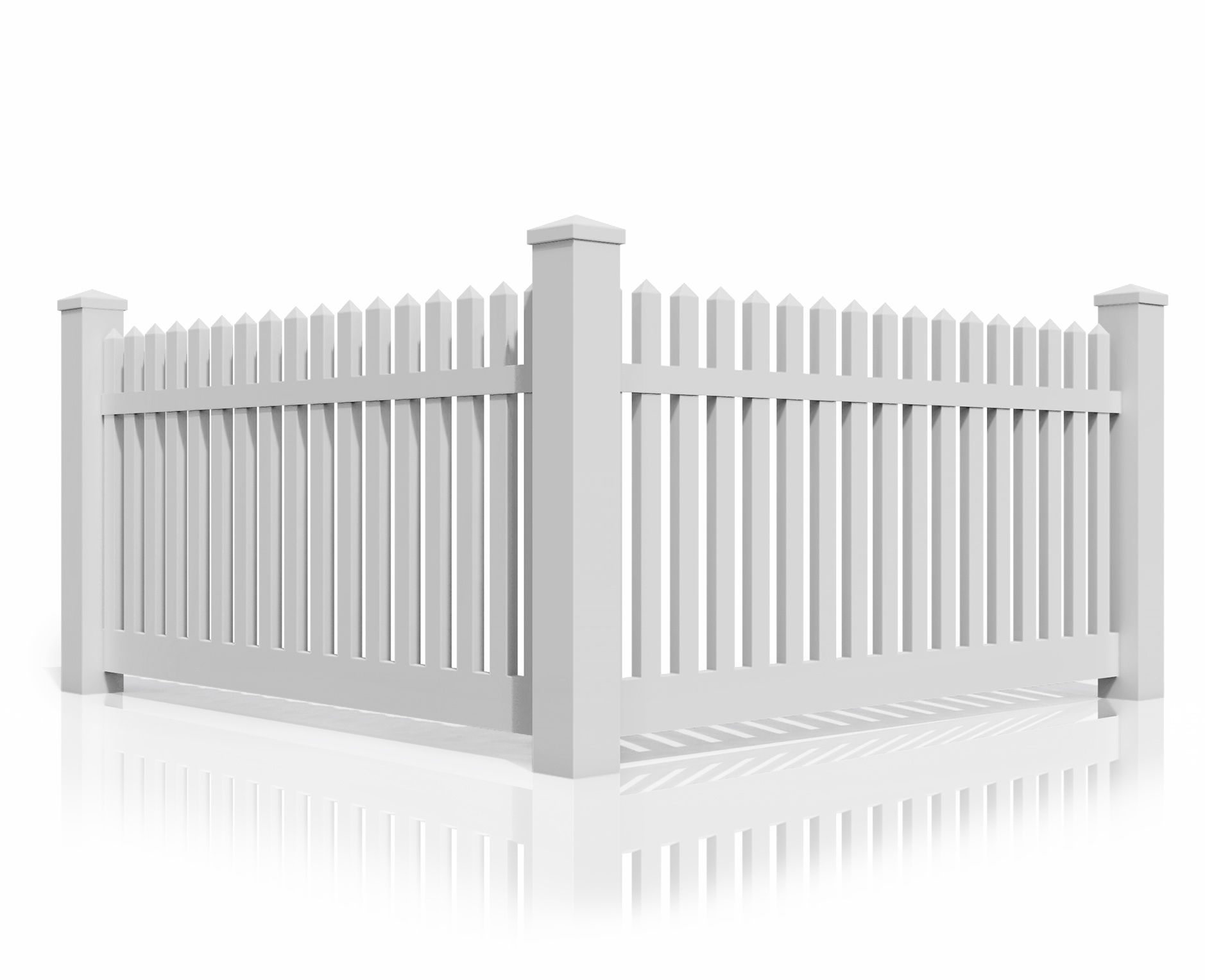 A white picket fence with a reflection on a white surface.