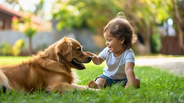 A little boy is petting a dog while sitting in the grass.