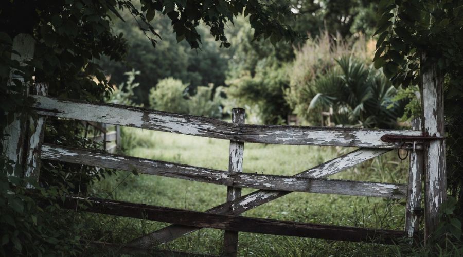 An old, weathered white wooden gate stands shut in a lush, green field surrounded by trees.