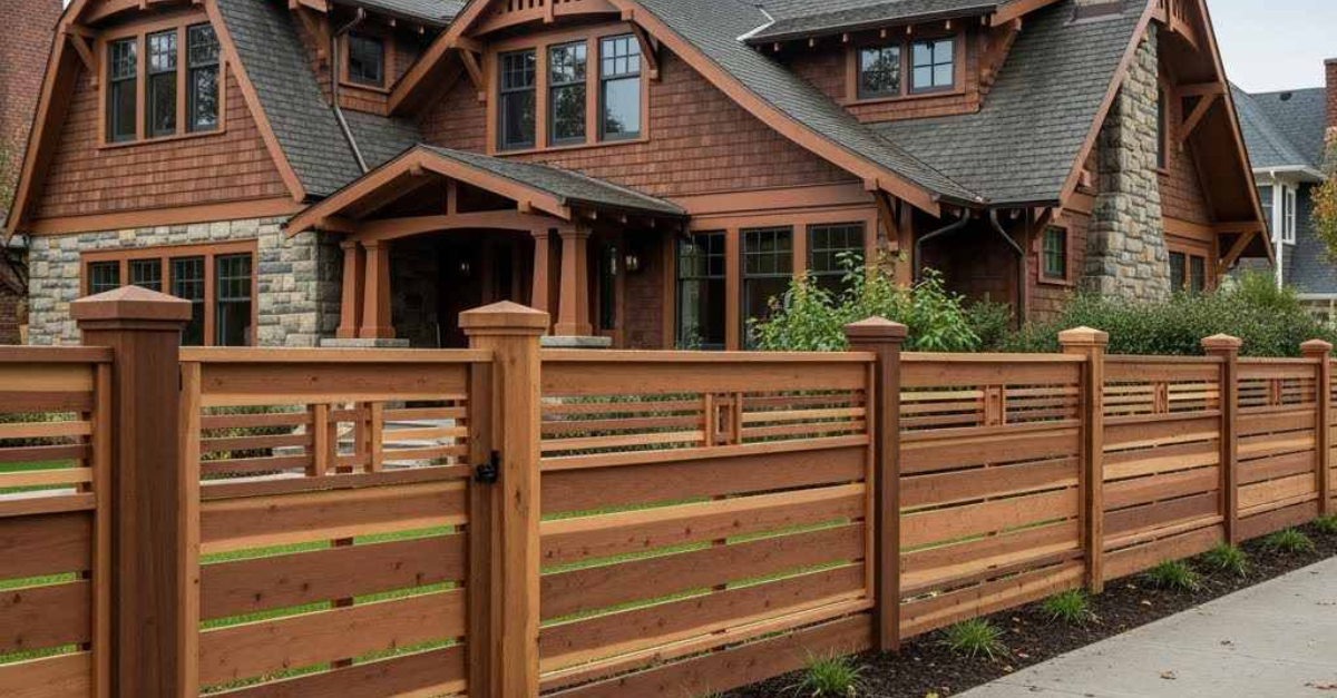 Brown wooden fence in front of a multi-story brown house with stone accents and a dark roof.