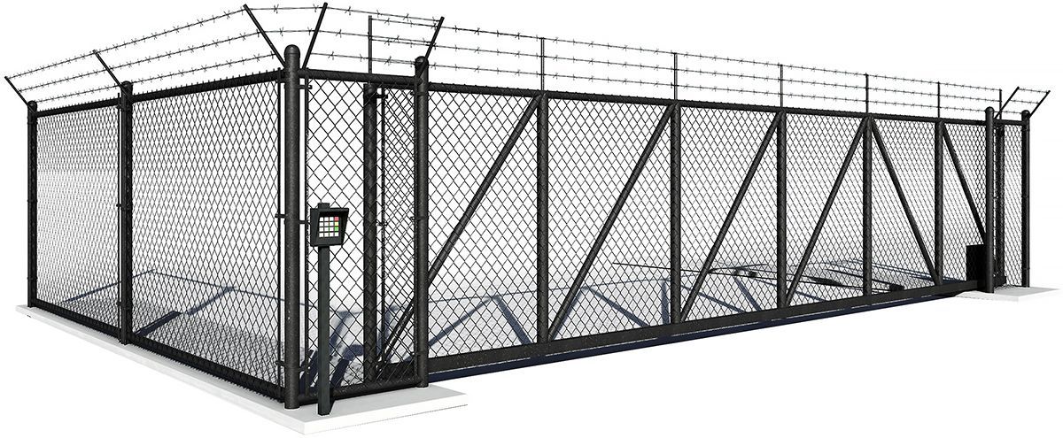 Chain-link fence with barbed wire on top.