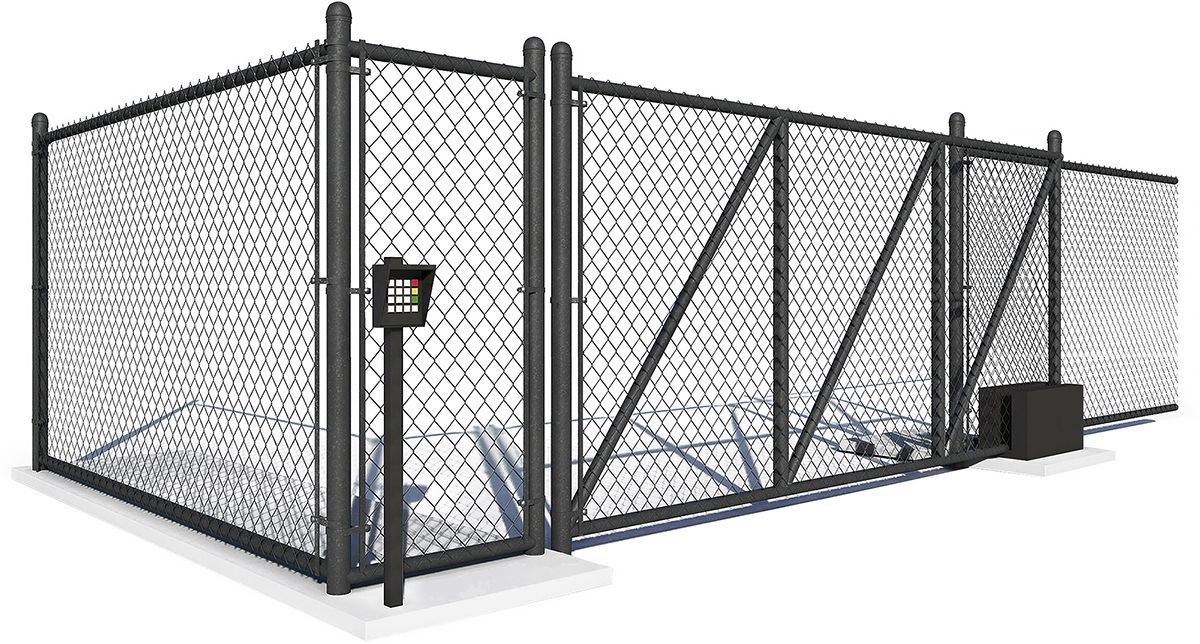 A black chain-link fence with a sliding gate, an electrical box, and a light fixture on a concrete base.