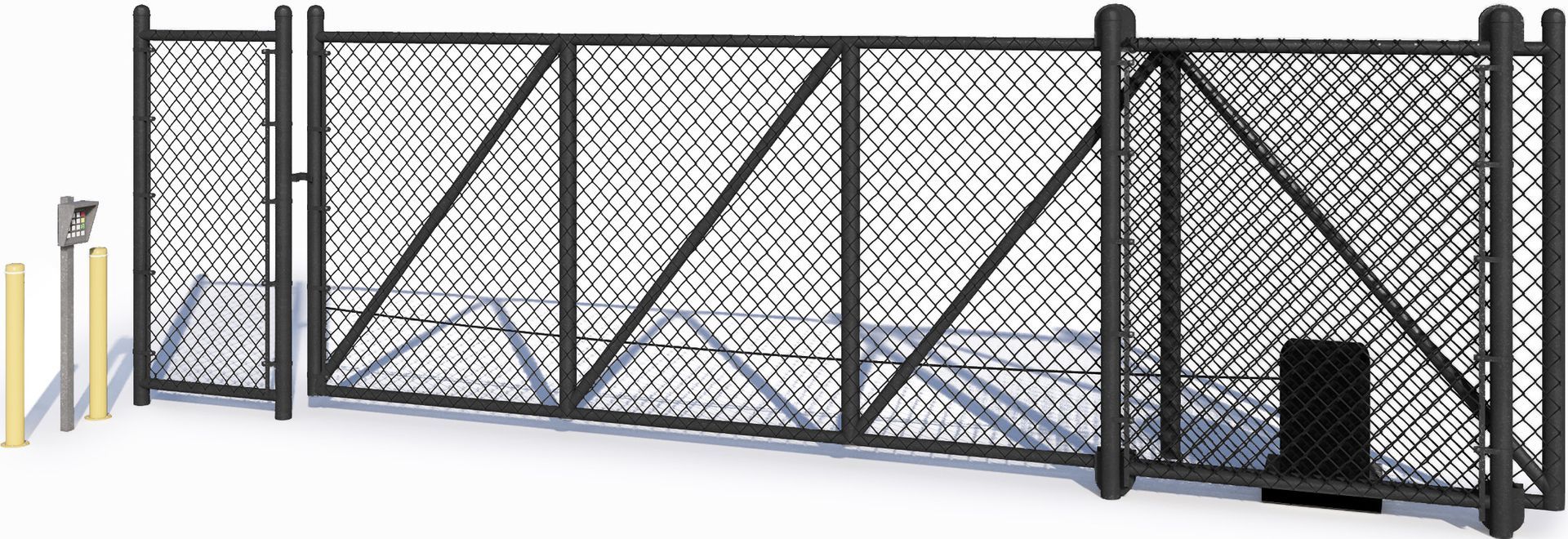 A black chain-link fence with a sliding gate, an electrical box, and a light fixture on a concrete base.