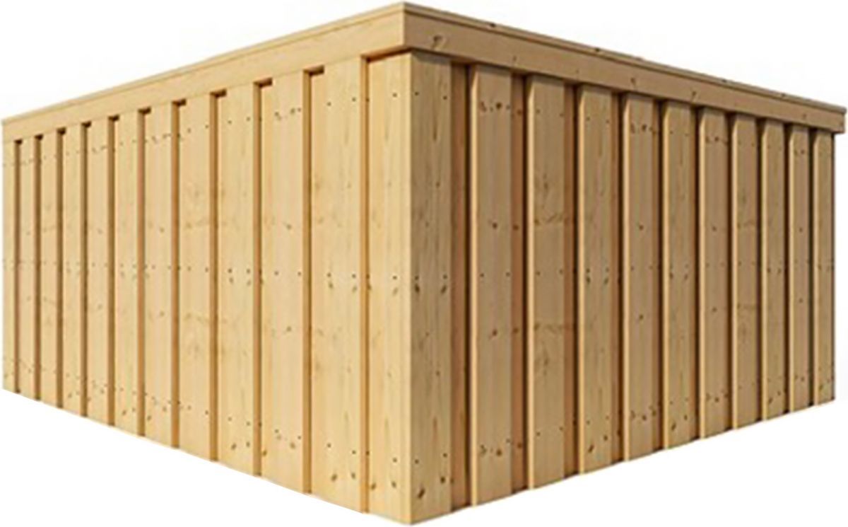 Wooden shed with vertical planks and flat roof.