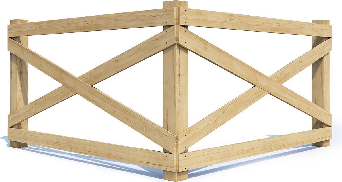 Wooden corner fence section with crossed supports.
