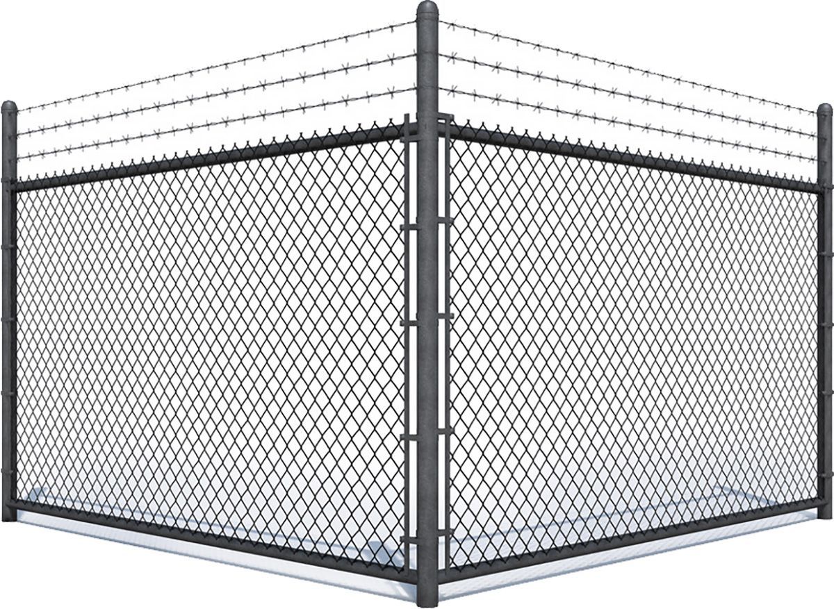 Chain-link fence with barbed wire on top, forming a corner. Gray metal on a white background.