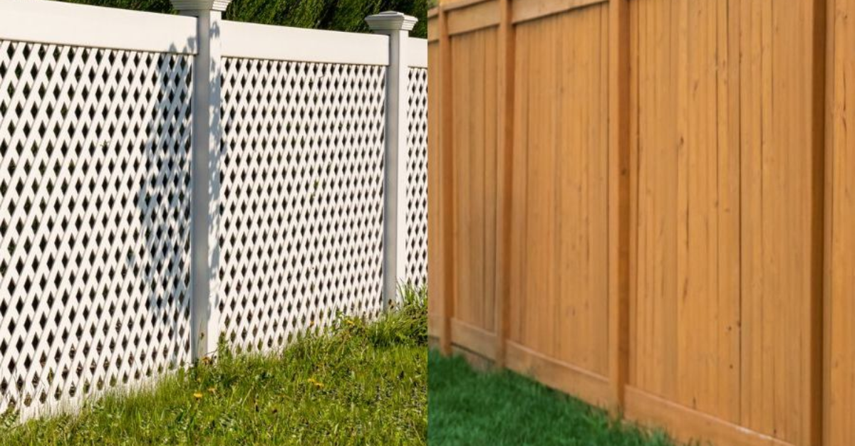 Two fence styles side-by-side: white lattice and wood panels. Both are in front of green grass.