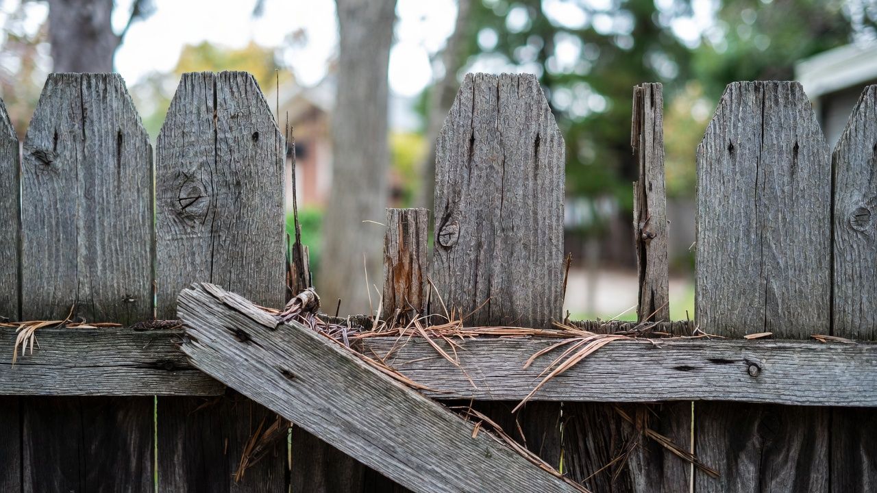 Weathered wooden fence with broken boards and a blurred background of trees and a house.