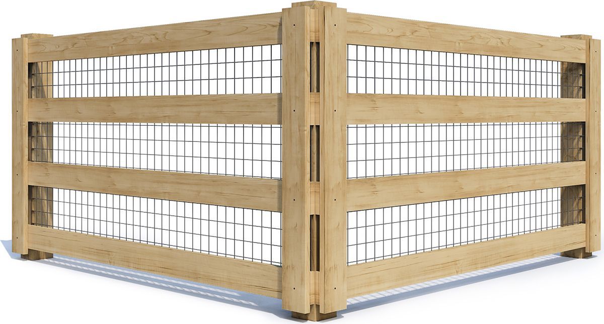 Corner wooden fence with wire mesh panels.
