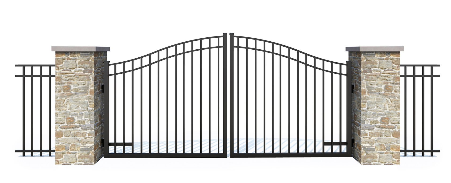 A black metal fence with a sliding gate on a white background.