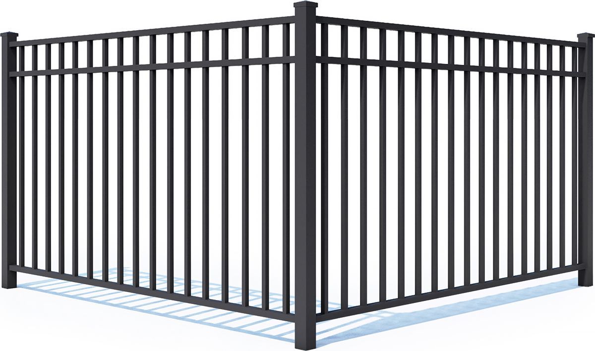 Black aluminum fence, corner section, with vertical bars and top rail.