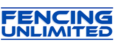 The logo for fencing unlimited is blue and white.