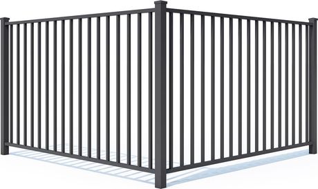 Black metal security fence with vertical bars and posts, shown in perspective on a white background