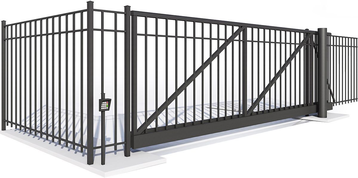 Black metal fence and sliding gate on white surface.