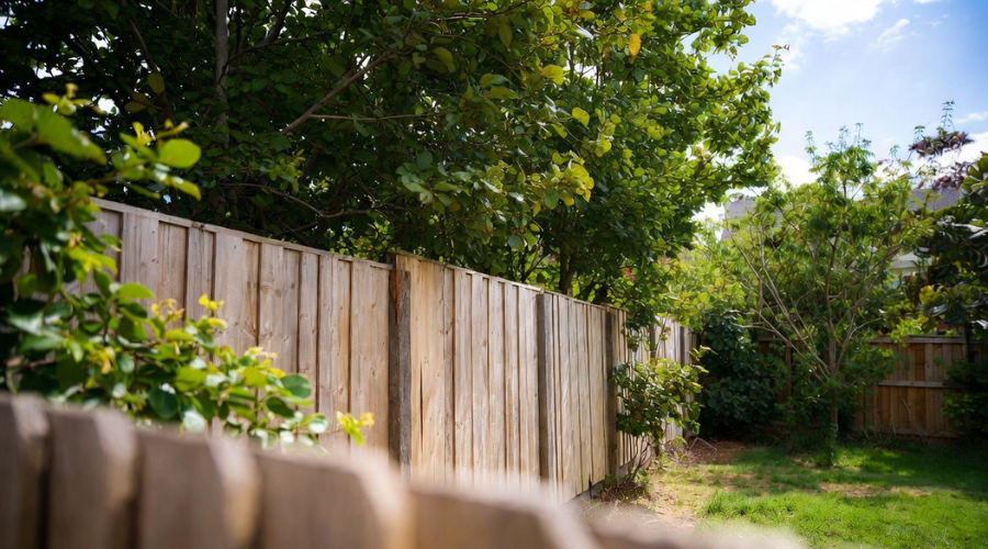 Wooden fence in a backyard, with green trees and foliage in the background under a bright sky.