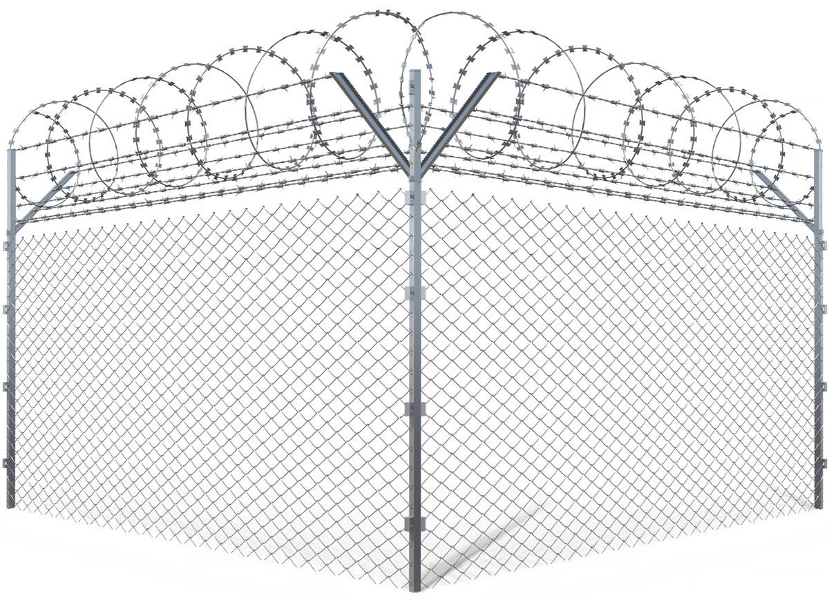 Chain-link fence with barbed wire on top, angled perspective, outdoors.